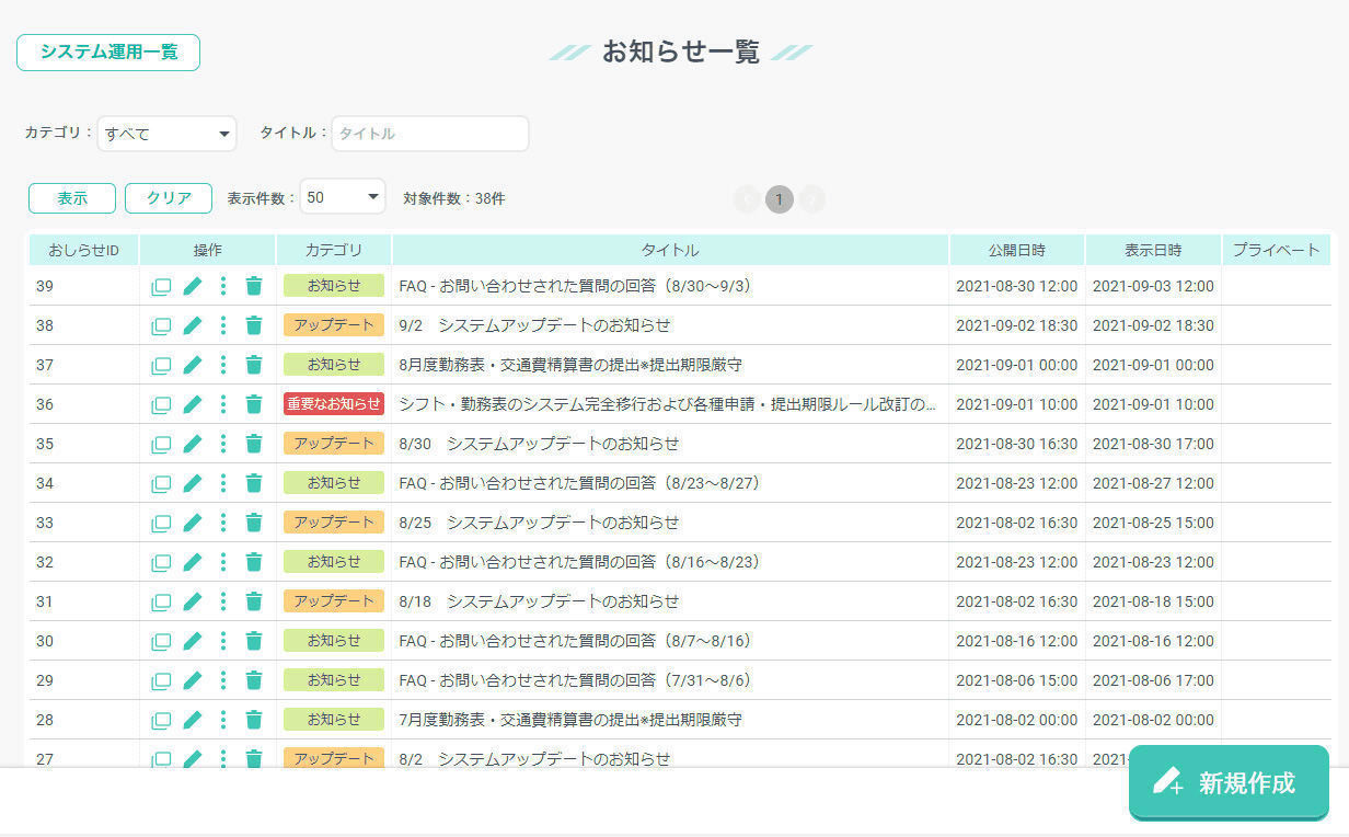 キンクラのお知らせ管理